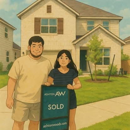 Couple with SOLD sign in front of new home